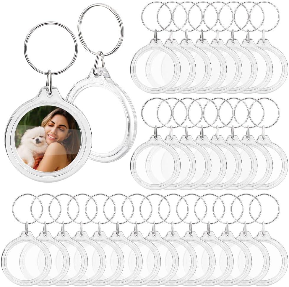 PH PandaHall Blank Photo Insert Keychains, 60 Sets Acrylic Photo Snap in Keychain 1.6 Inch Round Custom Blank Photo Keyring DIY Picture Frames for Double-Sided Photos, Clear