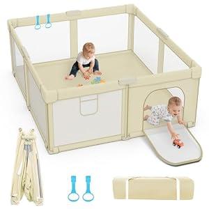 Foldable Baby Playpen: 65" x 50" Super Large Playpen for Babies and Toddlers - Portable Play Pen for Babies with Breathable Mesh & 2 Pulling Handle - Baby Play Yard for Outdoor & Indoor