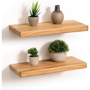 Fun Memories Rustic Solid Elm Wood Floating Shelves, 16" W x 8" D Floating Shelf Wall Mounted, 8 Inch Deep Wall Shelves, Wooden Bathroom Shelf for Home, Deep Bookshelf for Living Room, Set of 2