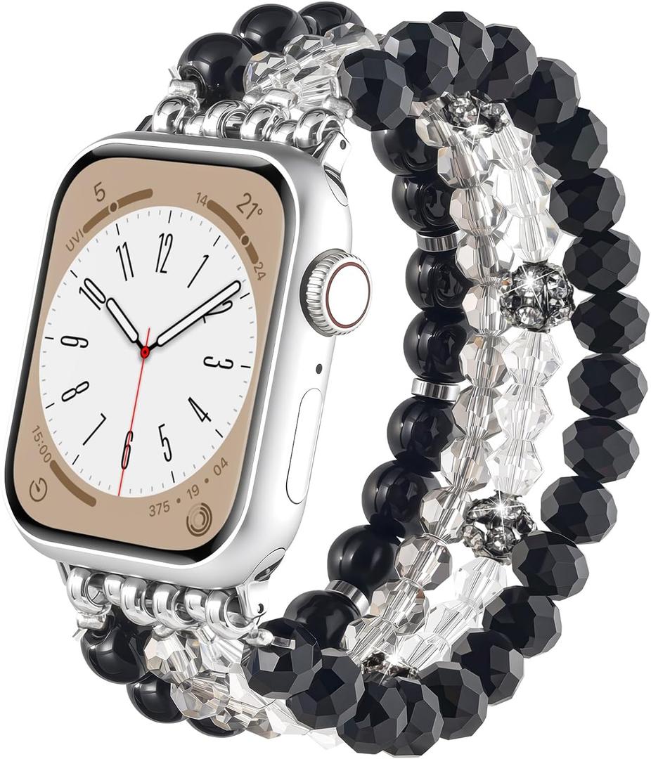 CAGOS Bracelet Beaded Compatible with Apple Watch Band Series 11/10/9/8/7/6/5/4/3/2/1 SE 38mm 40mm 41mm 42mm 44mm 45mm 46mm, Cute Handmade Fashion Elastic Stretchy iWatch Bands for Women (Black Onyx, 42mm/44mm/45mm/46mm(Series 10)-(5.3"-6.2"))