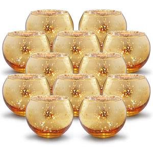 Volens Round Gold Votive Candle Holders, Mercury Glass Candle Holder Set of 12, Wedding Decorations for Table