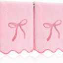 SmoothNovelty 2 Pcs Fingertip Towels for Bathroom 12 x 18 Inch Small Fingertip Towels with Scalloped Pink Bow Design Embroidery Coquette Bow 100% Cotton Soft Absorbent Guest and Housewarming Gift