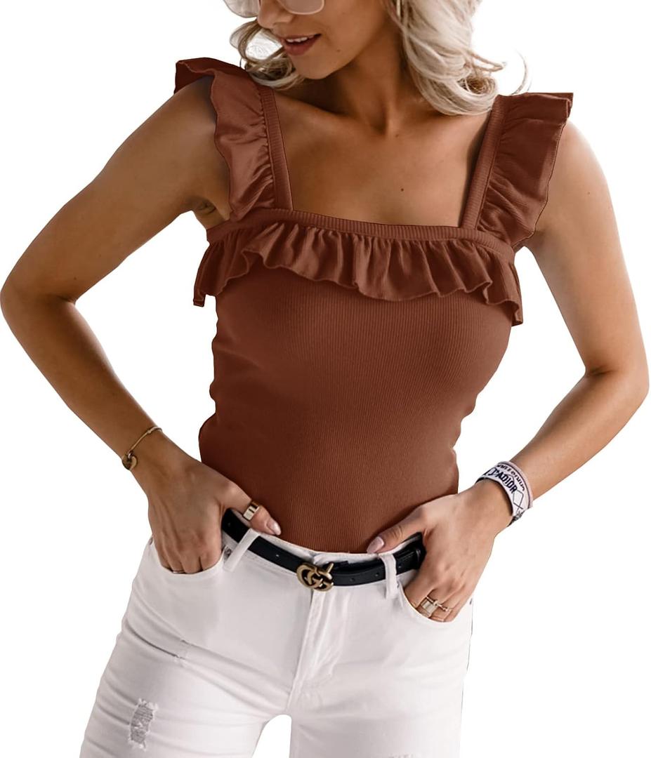 Womens Cute Sleeveless Tank Tops Ruffle Strap Square Neck Blouse Solid Color Knitted Camisole XL