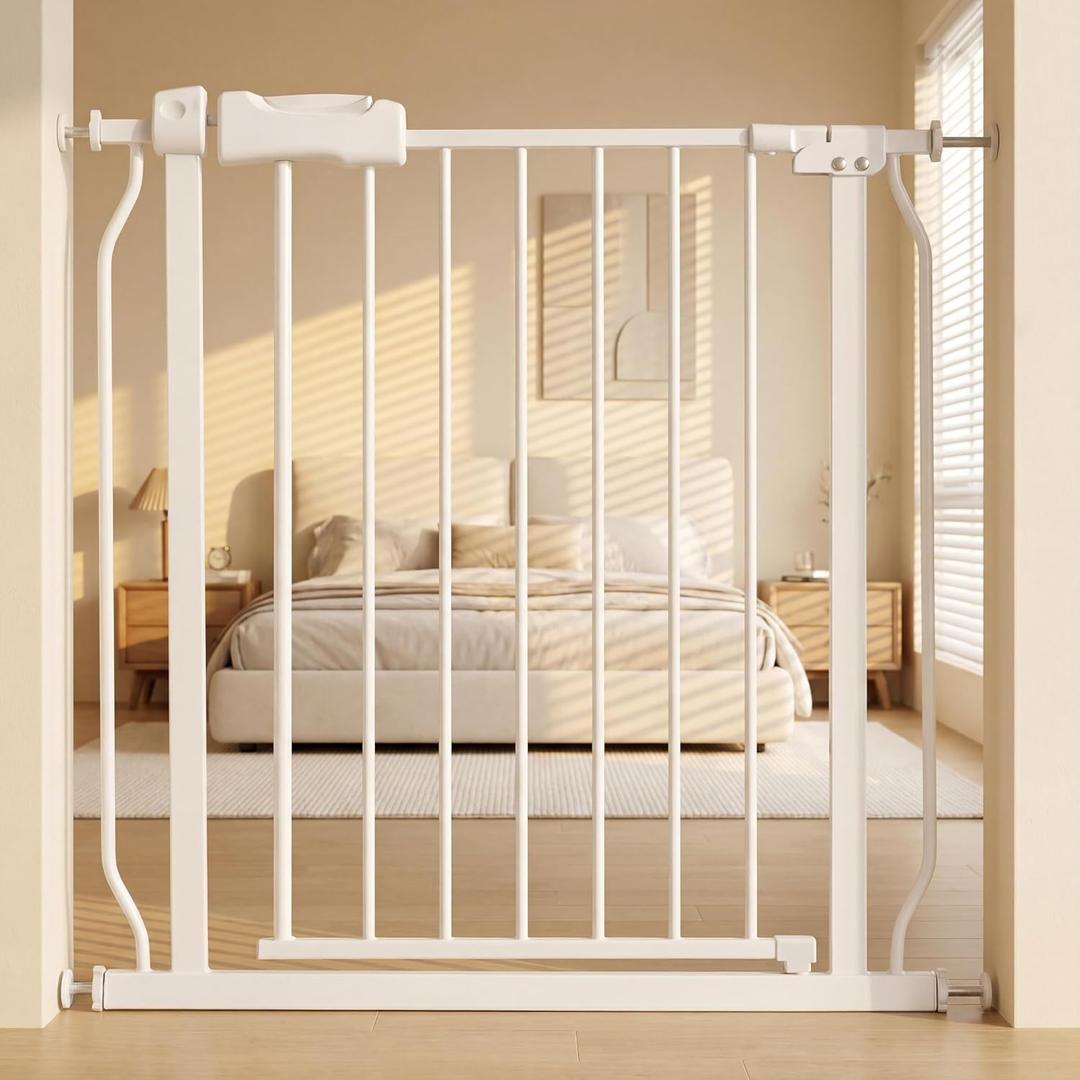 HOOOEN 29-34 Inch Wide Baby Gate for Stairs Doorways | Metal Indoor Dog Gates Pressure Mounted Walk Through Safety Gates Child Gates for Kids or Pets,White