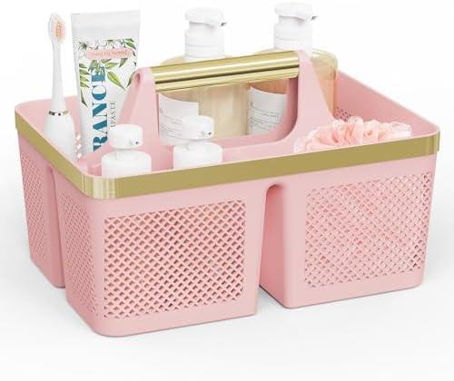 Shower Caddy Dorm Plastic: Portable Bathroom Caddy Organizer with Handle and Holes, Cleaning Caddy, Hard Shower Basket Storage Tote for Toiletry, College Dorm Room Essentials Pink/Gold