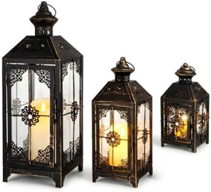 JHY DESIGN Set of 3 Decorative Candle Lantern 19.5" High Metal Vintage Hanging Lantern for Front Porch Home Patio Wedding Party, Festival Decorations(Black with Gold Brush)