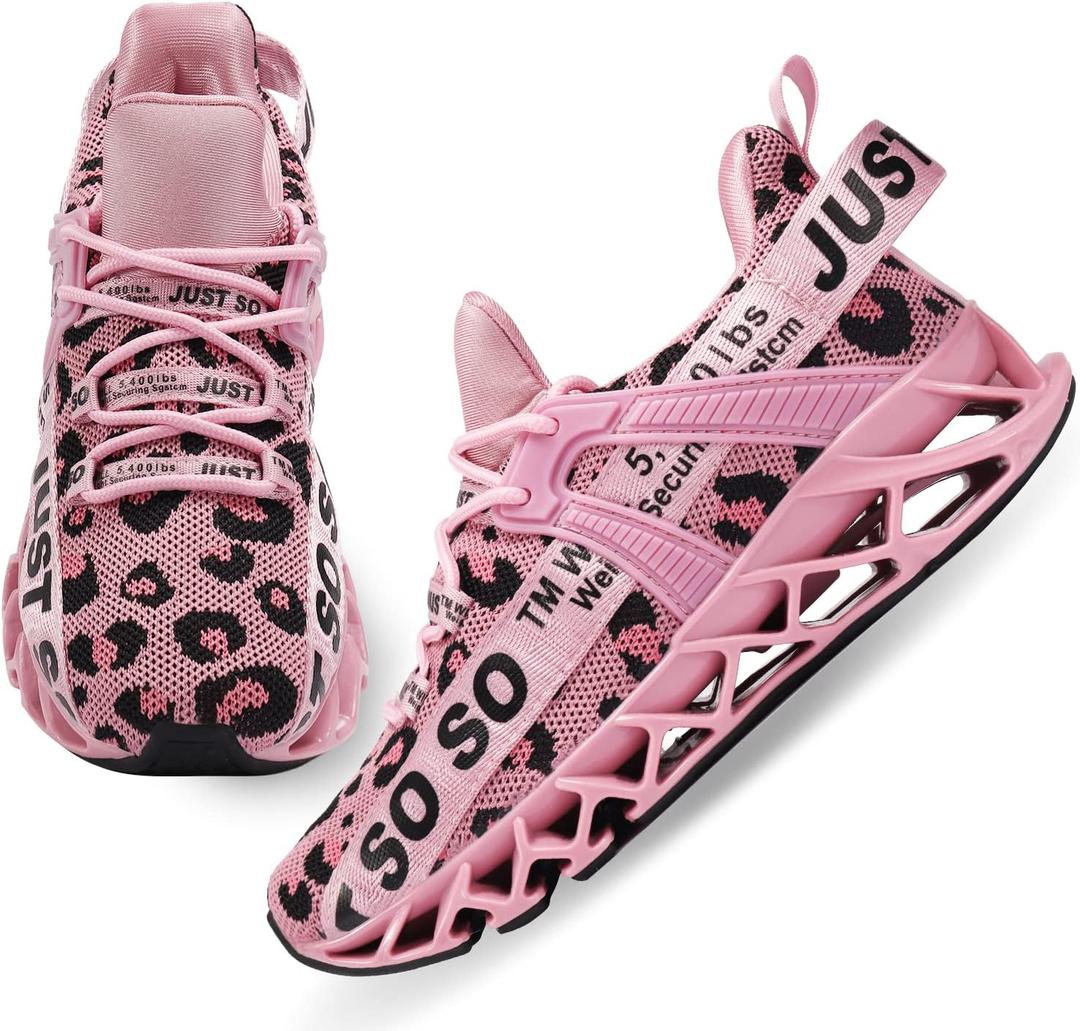 Wonesion Womens Walking Running Shoes Athletic Blade Non Slip Tennis Fashion Sneakers (8, R Leopard/Pink)