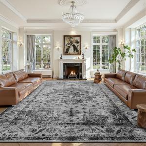 YOH Boho Washable Rug 9x12, Black Vintage Non Slip Area Rug, Distressed Indoor Carpet for Living Room Bedroom Kitchen Office