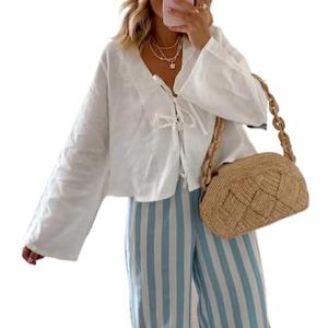 Tie Front Top Coquette Bow Linen Shirt Going Out Summe White Y2k Long Sleeve Blouse, L