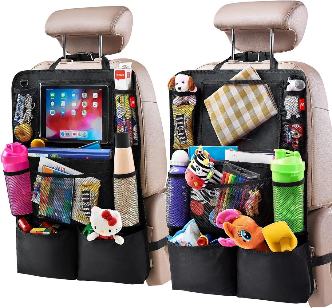 Backseat Car Organizer, Kick Mats Back Seat Protector with Touch Screen Tablet Holder, Back Seat Organizer for Kids, Travel Accessories with 9 Storage Pockets 2 Pack, Black