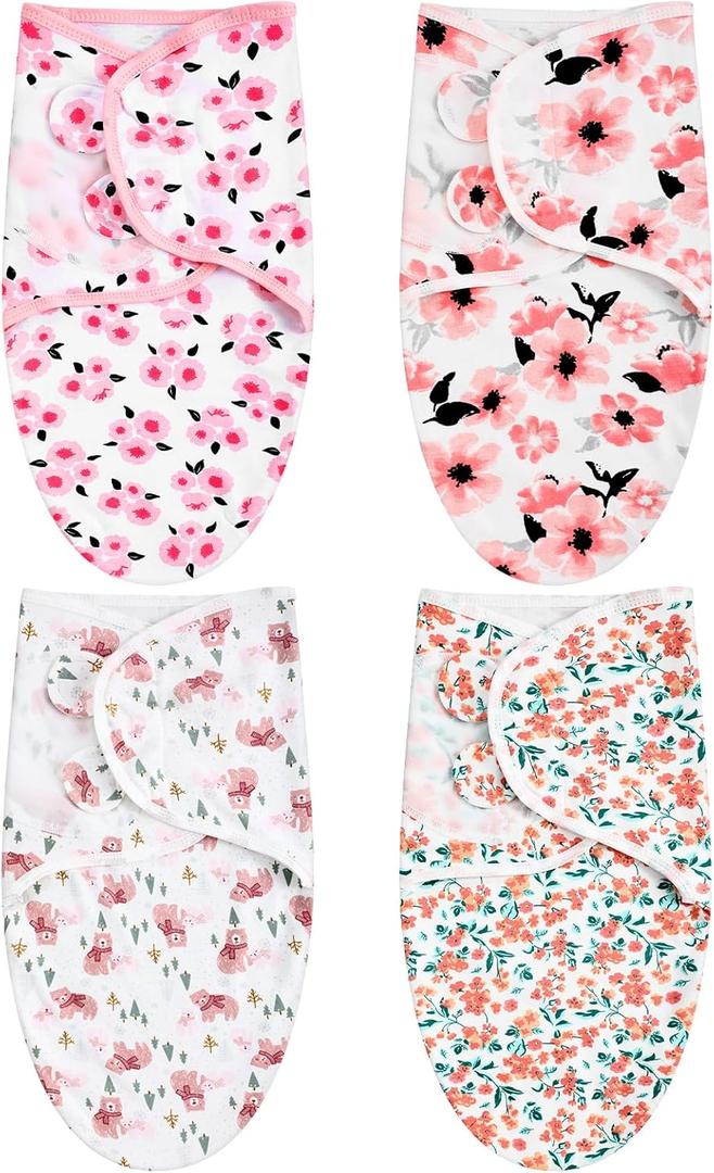 Newwiee 4 Pcs Preemie Baby Swaddle Wrap Adjustable Cotton Preemie Swaddle Blanket for Newborn Boys Girls(Flower Style,Fit for Preemies)
