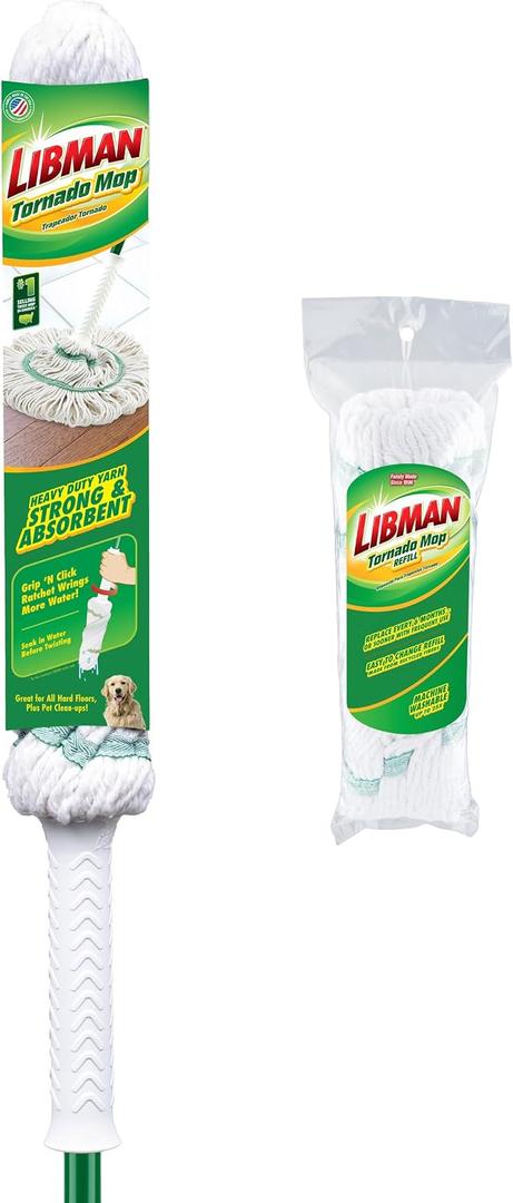 Libman Tornado Mop with 1 Refill | Self Wringing | Cotton Head | Twist Mop | Machine Washable | 2 Total Self Wring Mop Heads