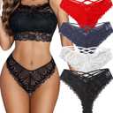 Avidlove Womens Underwear Lace Cheeky Panties Criss Cross Back Bikini Thongs Sexy Undies (Large, Black/White/Red/Dark Blue)
