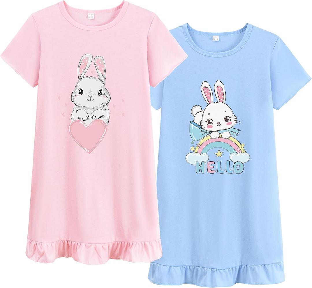 Tkria 2Pcs Girls Nightgowns 10 Years Flutter Short Sleeves Nightdress Nightie Dress Sleepwear Pajamas for Toddler Girls 