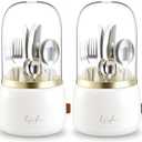 2 Pack 360 Rotating Silverware Organizer, Utensil Holder with Lid for Kitchen Counter, Silverware Caddy with Drainage Dustproof Flatware Holder for Cutlery Spoon Fork Storage, White(7 Slot)