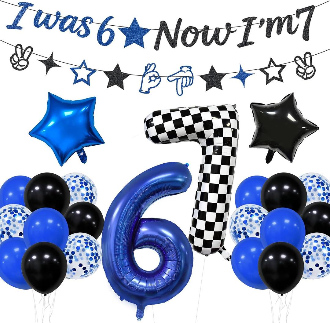 6 7 Birthday Decorations Six Seven Theme Birthday Party Decor Happy Birthday Decoration Funny 6 7 Meme Party Supply with I was 6 Now I'm 7 Banner 6 7 Balloon Blue Black and Checkered Balloons