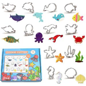 12 Pcs Ocean Creatures Cookie Cutters, Dolphin, Crab, Clownfish, Octopus, Seahorse, Starfish, Jellyfish, Seashell, Shark, Seaweed Stainless Steel Cookie Cutters for Baking (Sea Animals)