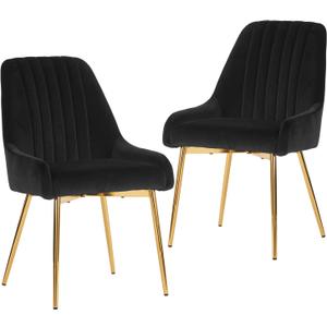 Dining Chairs Set of 2, Mid Century Modern Kitchen Room Armless Dining Chairs with Velvet Cushion Seat & with Gold Metal Legs for Vanity Room Bedroom Living Room (Black)