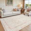 LIVEBOX 5x7 Washable Rug, Soft Boho Pink Rugs for Bedroom Girls, Non-Slip Vintage Floral Rugs for Living Room, Ultra-Thin Non-Shedding Large Area Rug for Dining Room, Nursery, Home Office, Light Pink
