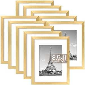 upsimples 8.5x11 Picture Frame Set of 9, Display Pictures 6x8 with Mat or 8.5x11 Without, Multi Photo Frames Collage for Wall or Tabletop Display, Gold