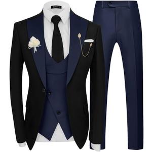 Wangyue 3 Piece Men's Suit Slim Fit Tuxedo for Men Wedding Prom Suits for Men Double Breasted Suit Blazer Vest Pants Sets (Medium, Navy)