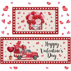 2 Pieces Valentine's Day Kitchen Rugs Valentine's Day Heart Gnome Truck Flower Rugs for Home Kitchen Floor Decor, 17 x 29 Inches, 17 x 47 Inches