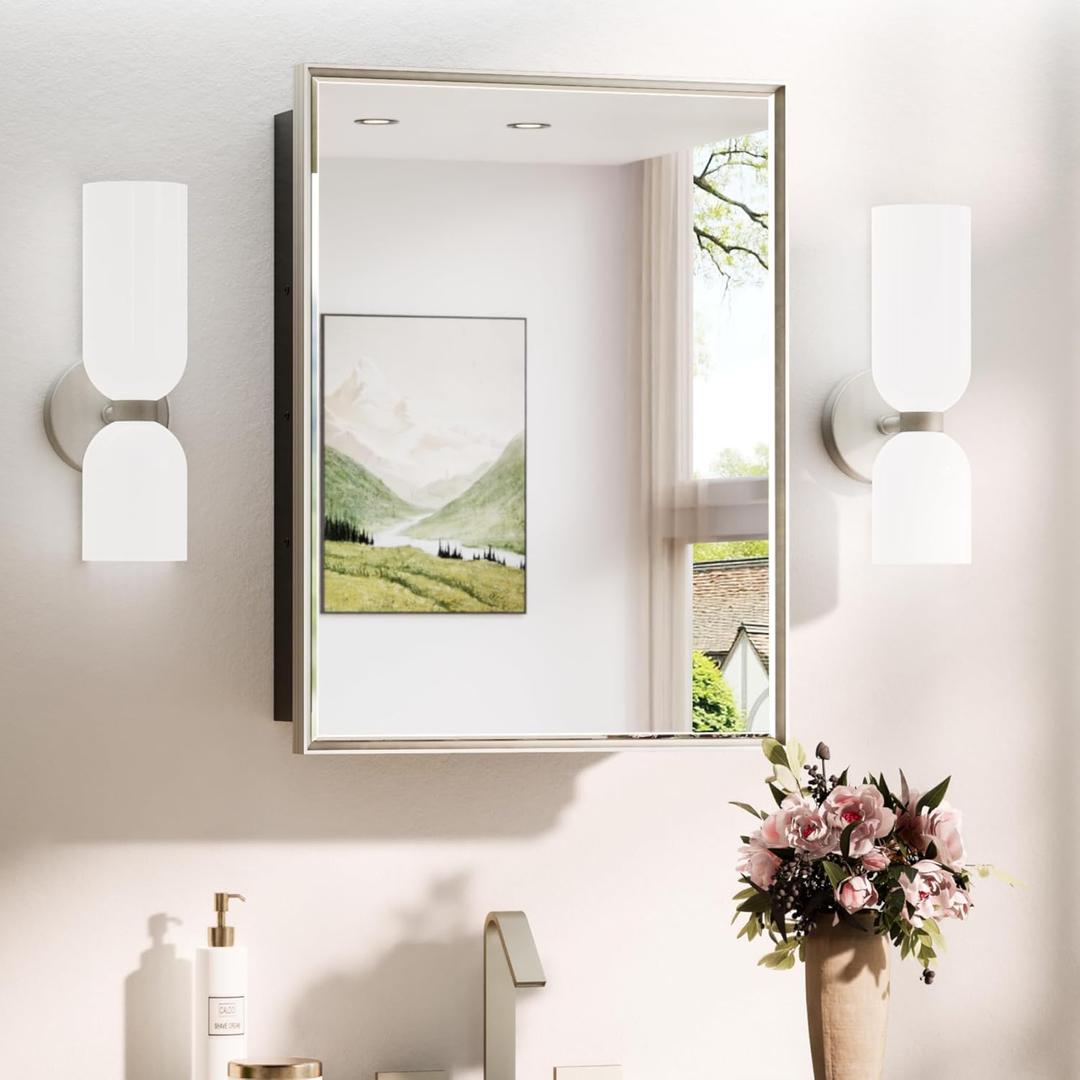 TokeShimi 21x27 Recessed Medicine Cabinet with Mirror Surface Mount, Beveled Mirrored with Storage Adjustable, Aluminum Framed Metal Brushed Nickel Medicine Cabinet with Mirror Modern