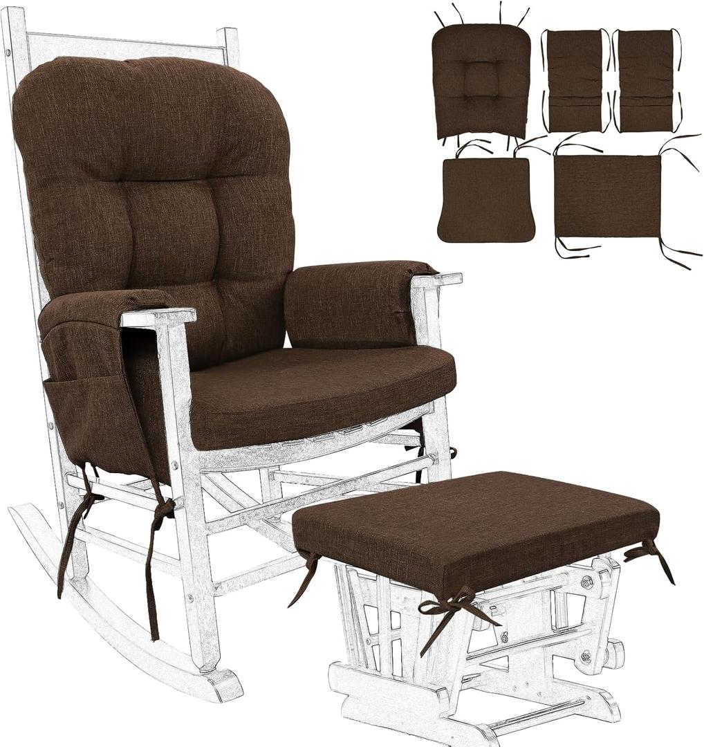 BUYUE Glider Rocker Replacement Cushion 5 PCS with Ties, Linen High-Density Foam Non-Slip & Washable Rocking Chair Pads for Sitting, Chocolate