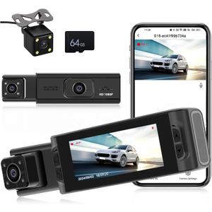 CAMECHO 3 Channel WiFi Dash Cam, Triple Car Camera with 64GB Card, Front and Rear Inside 1080P Dash Camera for Cars, 3 Inch IPS Screen, Loop Recording, Night Vision, G-Sensor, Dashboard Camera
