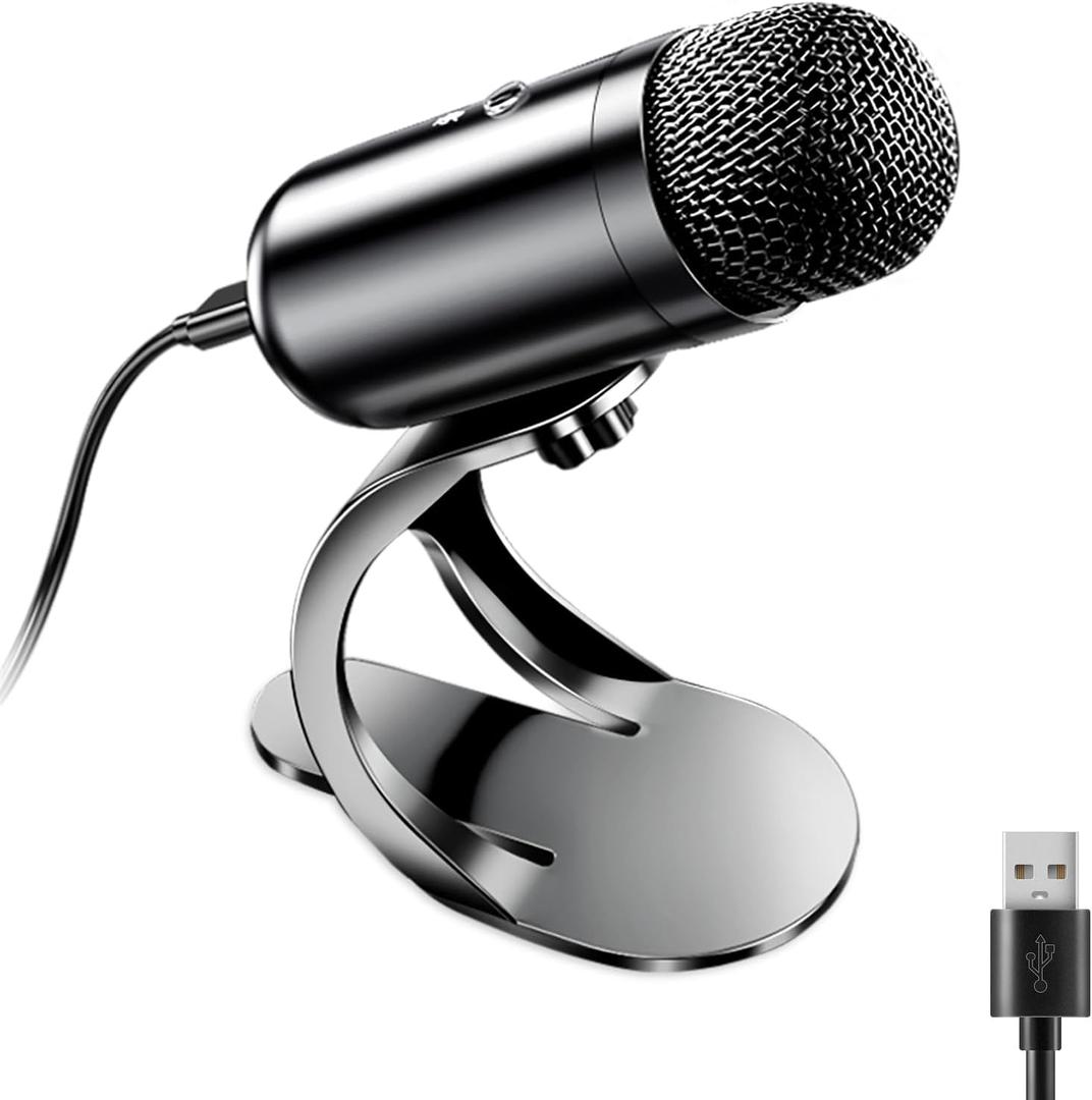 LIANGSTAR USB Computer Microphone, Podcast Mic Desktop with Mute Button for Recording Streaming, Omnidirectional Condenser, Plug & Play Stand with Volume Control for PC, Laptop, Mac, YouTube (Black) 