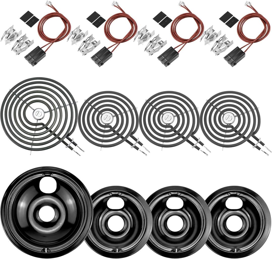 Black Burner Drip Pans WB31M19(8) WB31M20(6) Electric Stove Burner Replacement WB30M1(6") WB30M2(8")&WB17T10006 Terminal Block Compatible for G-E Hot-Point Ken-More by MIFLUS