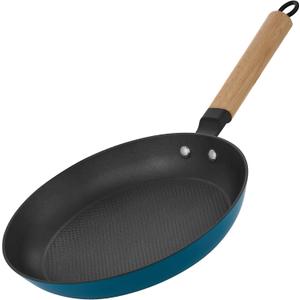 YUTANN Nonstick Frying Pan, 8 inch Enameled Cast Iron Pan Kitchen Healthy Egg Fry Pan Omelette with Detachable Handle, Lightweight Pre-seasoned Cast Iron Skillet, Dishwasher & Oven Safe (Blue-Beech Wood Handle)
