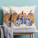 Fall Pillow Covers 16x16 Pack of 2 Chinoiserie Blue and Orange Pumpkin Throw Pillow Covers Outdoor,Fall Thanksgiving Decoration Pillowcase Autumn Farmhouse Linen Cushion Case for Couch Sofa
