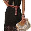 WDIRARA Women's Western Concert 2 Piece Outfits Short Sleeve Sheer Fringe Dress and Cami Dress Set (Large, Black)