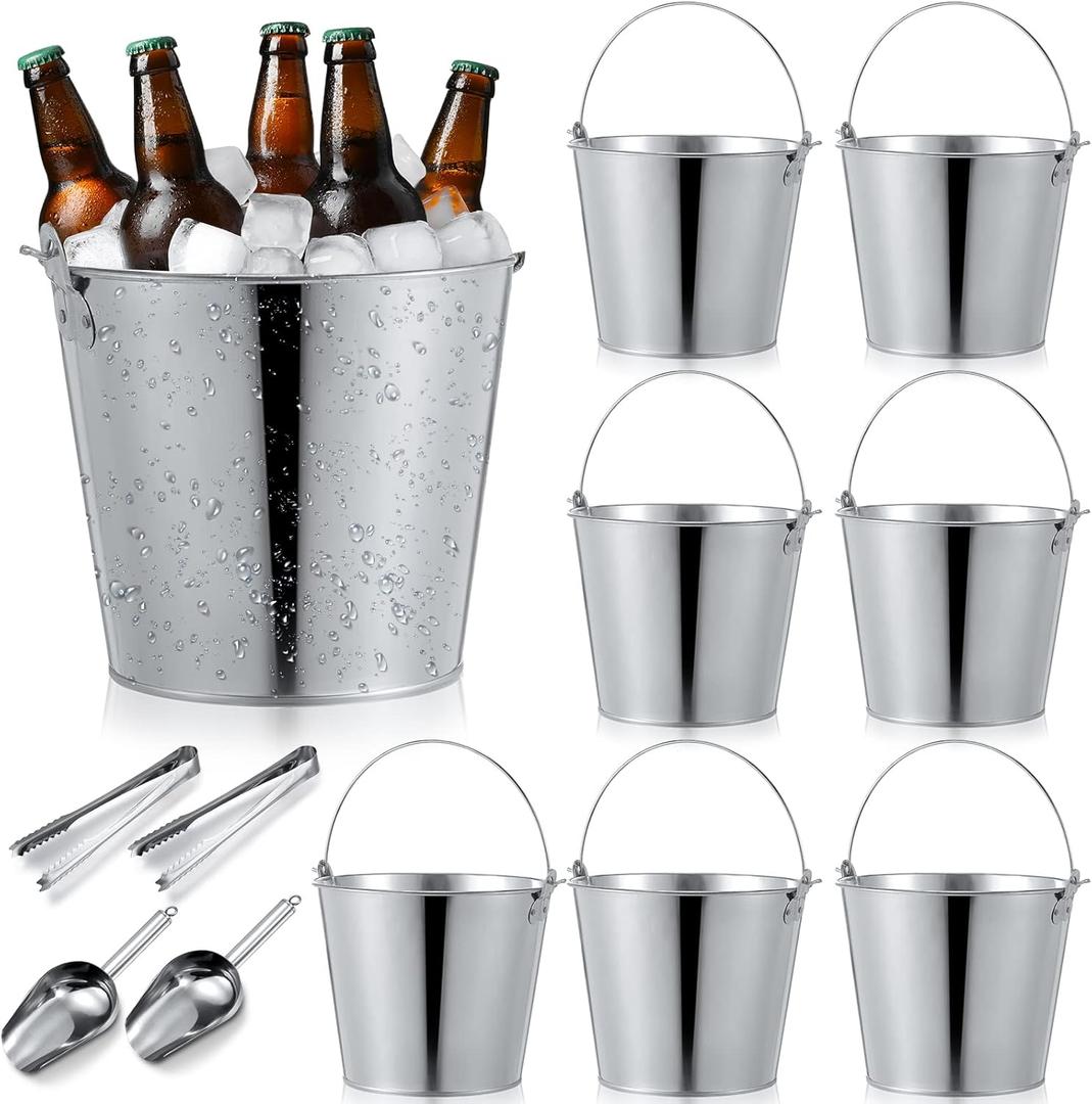 Mumufy 12 Pcs 10l Large Metal Beer Bucket 10.6 x 10.2 x 7.5'' with Ice Shovels and Tongs Galvanized Metal Ice Bucket Tin with Handle for Summer Pool Wedding Party Supplies Wine Champagne Bar