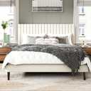 King Size Bed Frame with Velvet Upholstered Headboard, Platform Bed with Strong Wood Slats, Mattress Foundation, Box Spring Optional, Easy Assembly, Beige