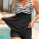 Tankini Swimsuit Bathing Suit 2024 - Women Two Piece with Shorts Halter Twist Front Flowy Top Retro Swimwear (M)