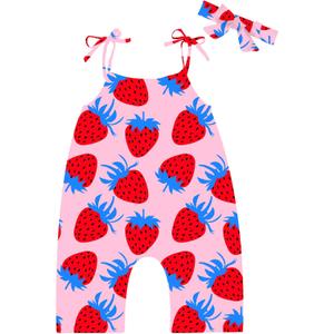 Lindanina Toddler Baby Girls Romper Strawberry Sleeveless Jumpsuit Summer Cute Clothes Adjustable Tie-Up Strap 12-24 Months Infant One Piece Pink Soft Casual Outfits with Pocket Headband Daily Wear