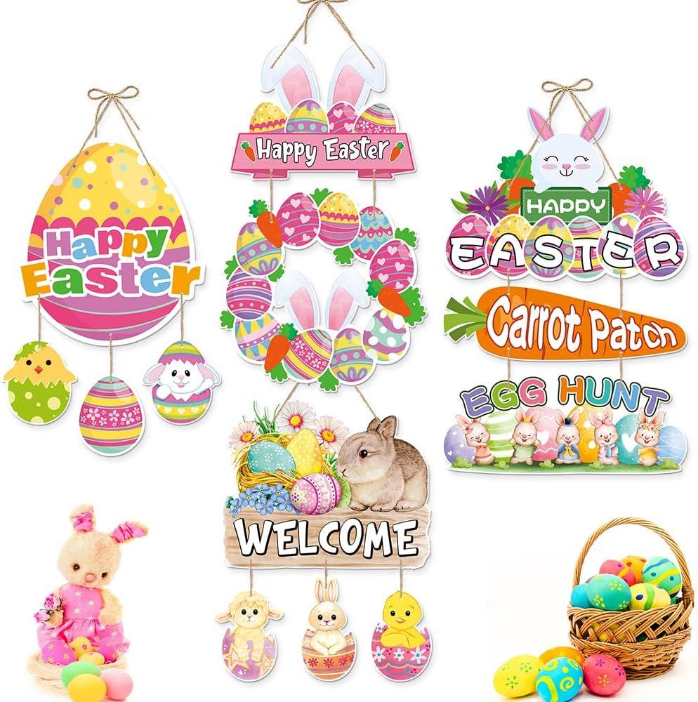 JLCFUTURE 4Pcs/set, Easter Decorations Door Hanger Happy Easter Paper Door Hanging Easter Day Party Supplies Festival Decoration Eggs Rabbits Pattern Door Hanger Corridor Wall Pendant Home Decor
