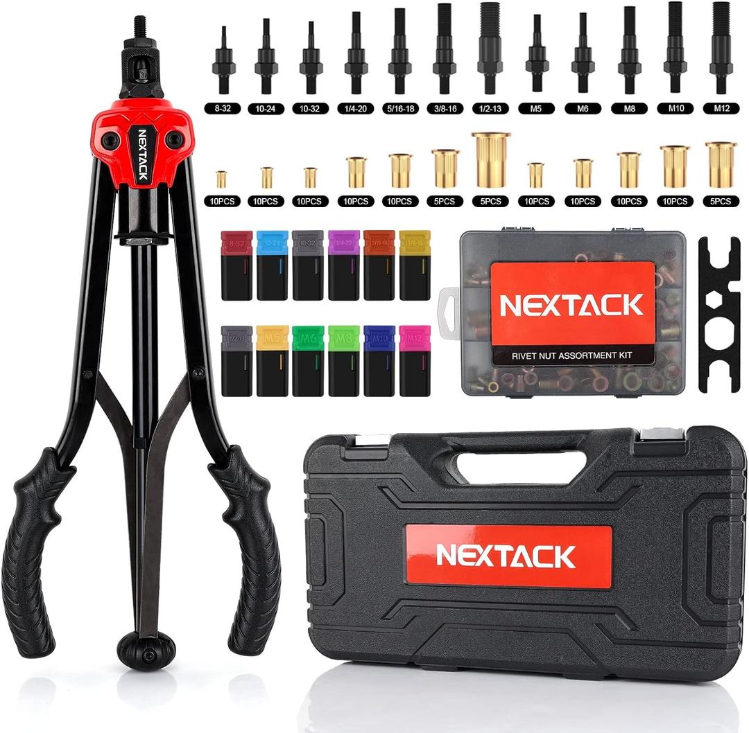 Heavy Duty Rivet Nut Tool Kit, 16" Rivnut Nutsert Tool Set - 105 Threaded Rivet Nuts & 12 Mandrels 8-32 10-24 10-32 1/4-20 5/16-18 3/8-16 1/2-13 M5 M6 M8 M10 M12 | Organized Rugged Case NT800