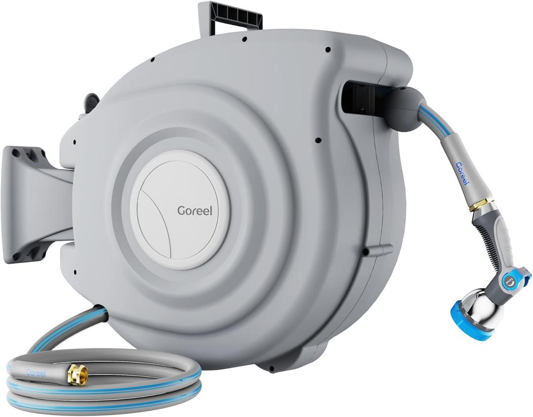 Retractable Garden Hose Reel 1/2 in x 100 ft Heavy Duty Automatic Water Hose Reel with 10-Function Sprayer Nozzle Kink-Free Auto Rewind Any-Length Lock 180 Swivel UV Resistant - Light Gray