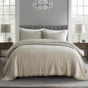 HORIMOTE HOME Stone-Washed Cotton Quilt King Size, Beige Jacquard Embossed Quilt Shabby Vintage Farmhouse Bedspread Coverlet with Crochet Edge, Soft Lightweight Bedding Set for All Season, 3 Pieces