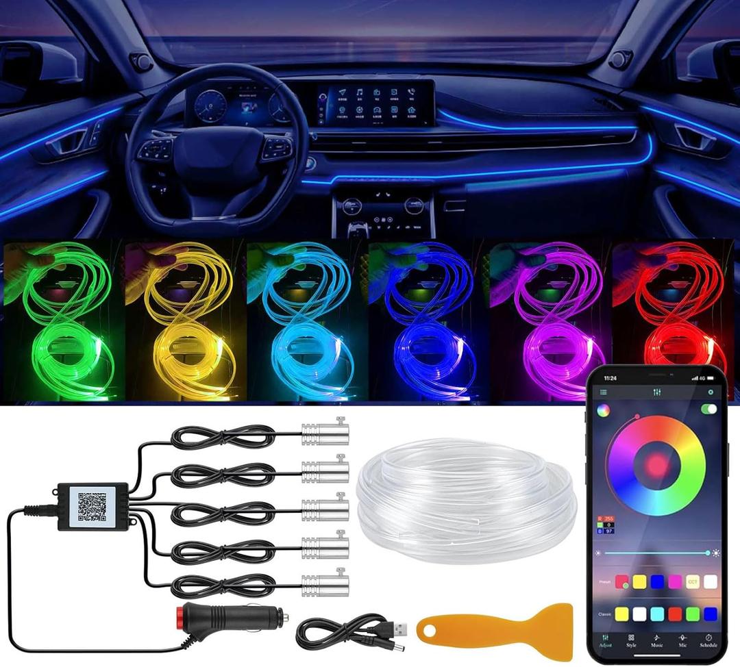 YUGUANG Interior Car Lights Strip APP Control, 5 in 1 Multicolor Music Sync RGB LED Car Ambient Lighting Kit with 236 inches Fiber Optic