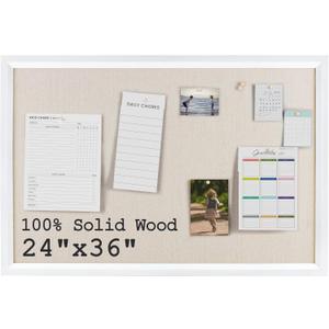 Bulletin Board Cork Board with Linen, 100% Wood Framed 24" x 36" Bulletin Board Decorations, Pin Boards for Walls, Wall Mounted Fabric Picture Board with 10 Pushpins for School, Home & Office, White