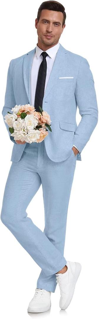 Men's Linen Suit 2 Piece Slim Fit Summer Beach Wedding Dress Tux Prom Suit Blazer Jacket and Pants (Large, Light Blue)