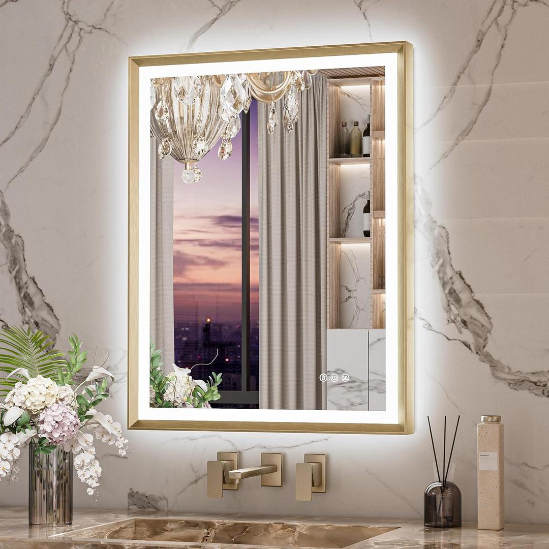 Keonjinn 24 x 32 LED Bathroom Mirror with Frontlit & Backlit, Gold Metal Framed Beveled Edge Mirror for Wall, LED Mirror with Anti Fog, Stepless 3-Color Temperatures, UL-Listed LED Driver