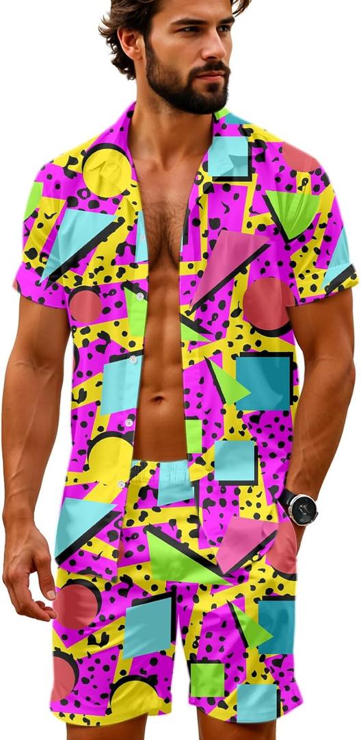 Artsadd 80s 90s Outfit for Men Hawaiian Shirt and Shorts Set Beach Party Outfits (3X-Large, Neon Pink), Shorts Only