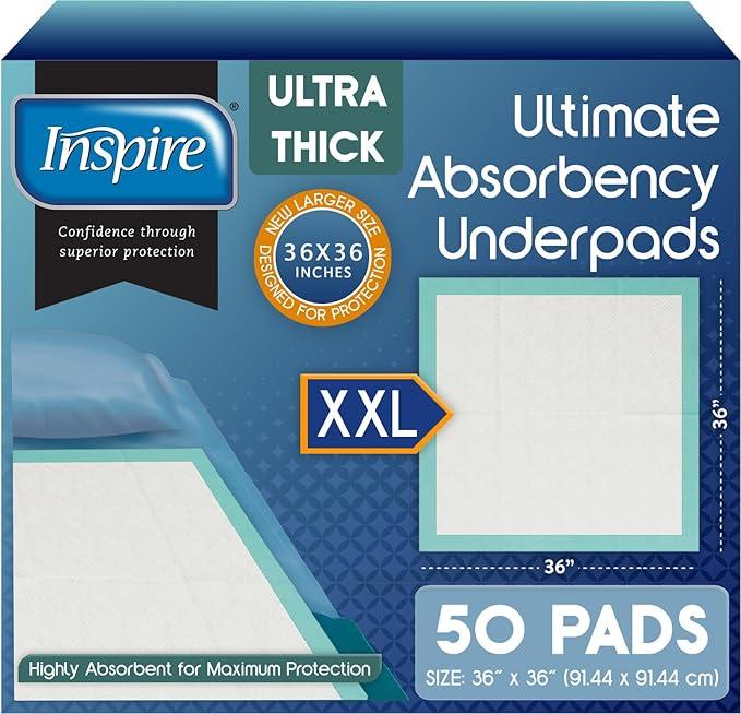 Inspire XXL  Super Absorbent Disposable Bed Pads for Chronic Incontinence Ultra Thick and Absorbent Bed Pads Disposable Adult | Pee Pads for Adults (36" X 36" Pack of 50)