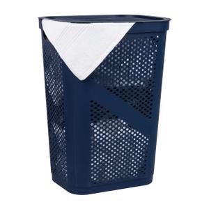 Mind Reader Slim Laundry Hamper with Lid, 60L Clothes Basket, Ventilated Plastic, Navy