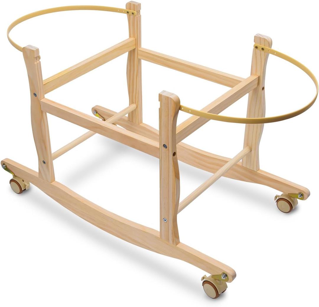 Moses Basket Stand, Bassinets Stand, Wooden Rocking Moses Baskets Stand for Baby Bassinets, Mose Basket Bassinet Stand Adjustable Bassinet Rocker with Wheels